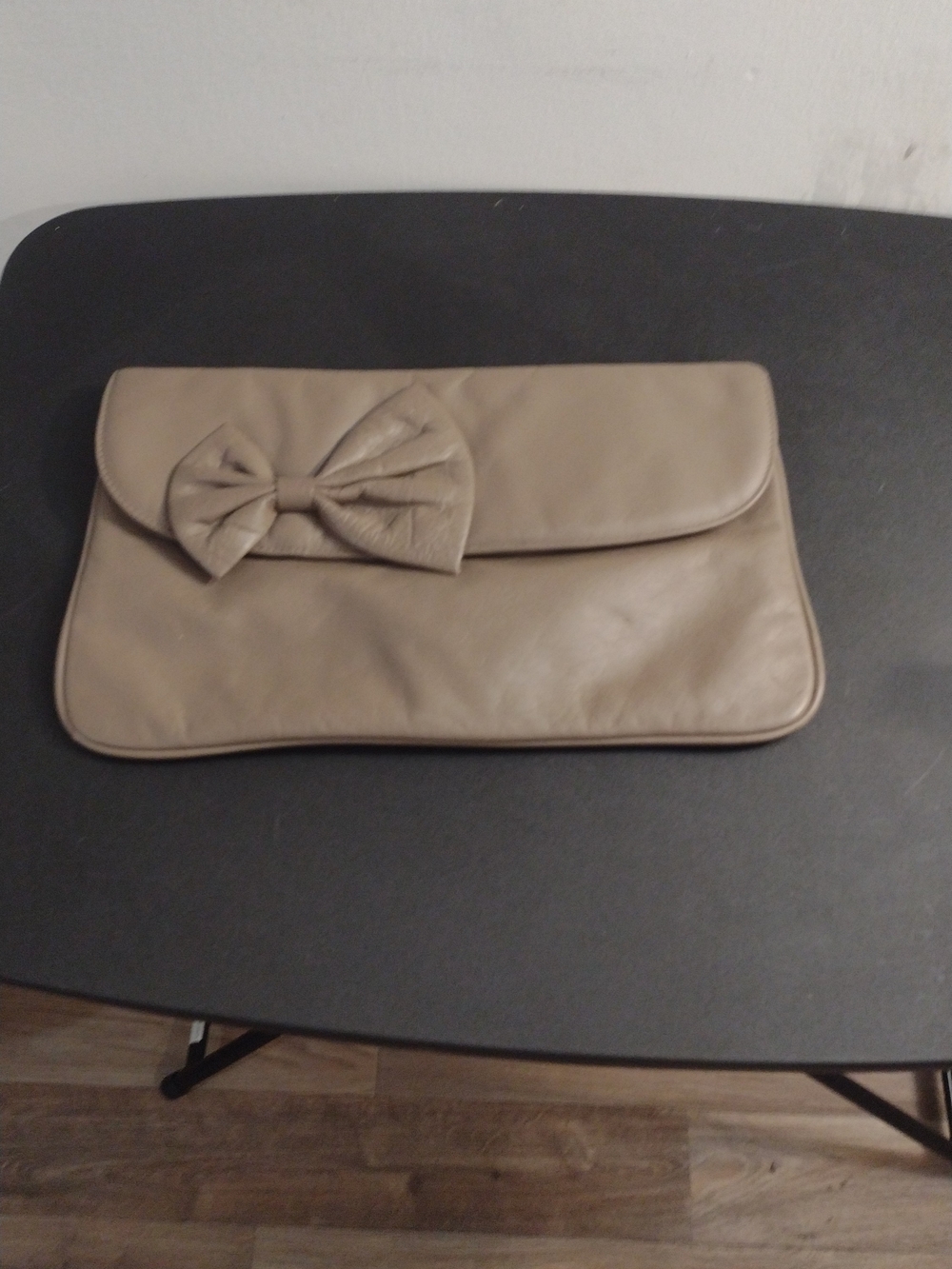 Leather Bow Envelope Clutch in Taupe
